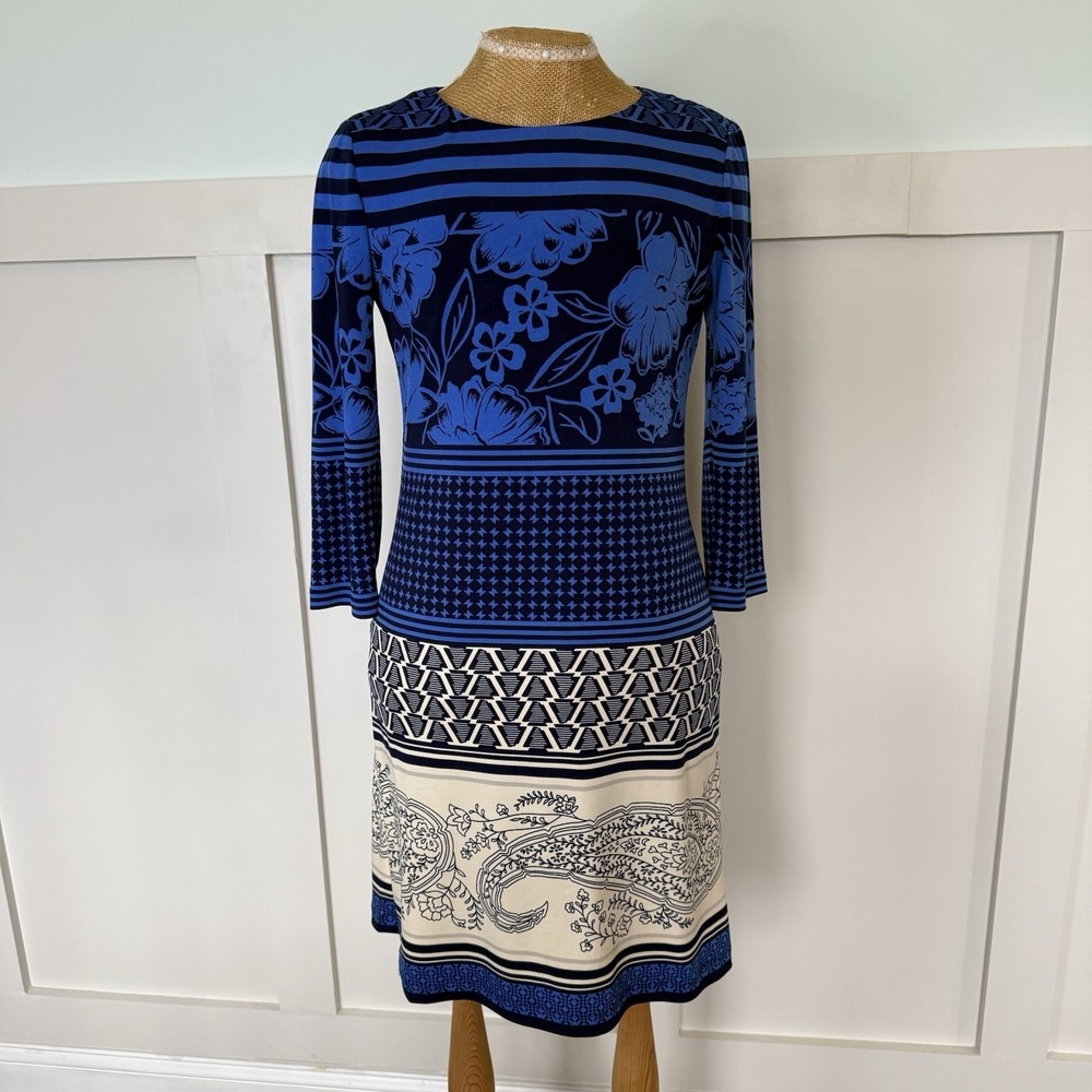 Donna Morgan Jersey Knit Sheath Dress Sz 8 Blue Floral Paisley Classic Career